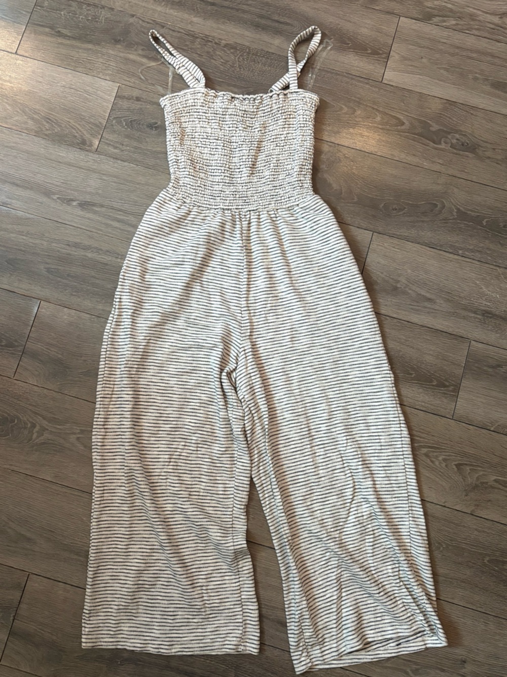 Old Navy Cream & Gray Striped Smocked Wide-Leg Jumpsuit